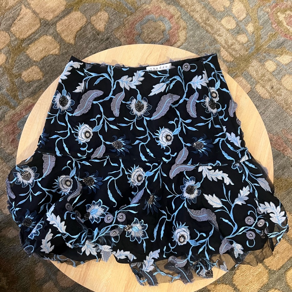 Sandro Black Skirt with Blue Floral Embroidery